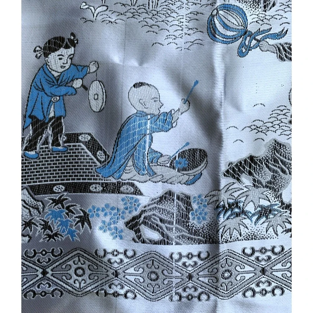 Vtg 1950's Chinese Silk Brocade Tablecloth Children at Play Dragon Parade 70x78